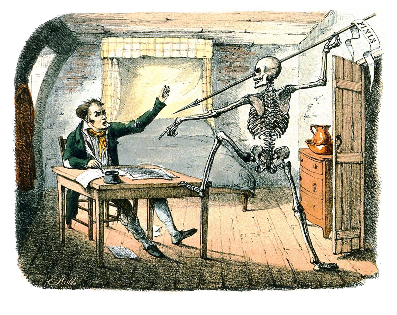 Une gravure médiévale de la Danse macabre, squelettes dansant avec les vivants