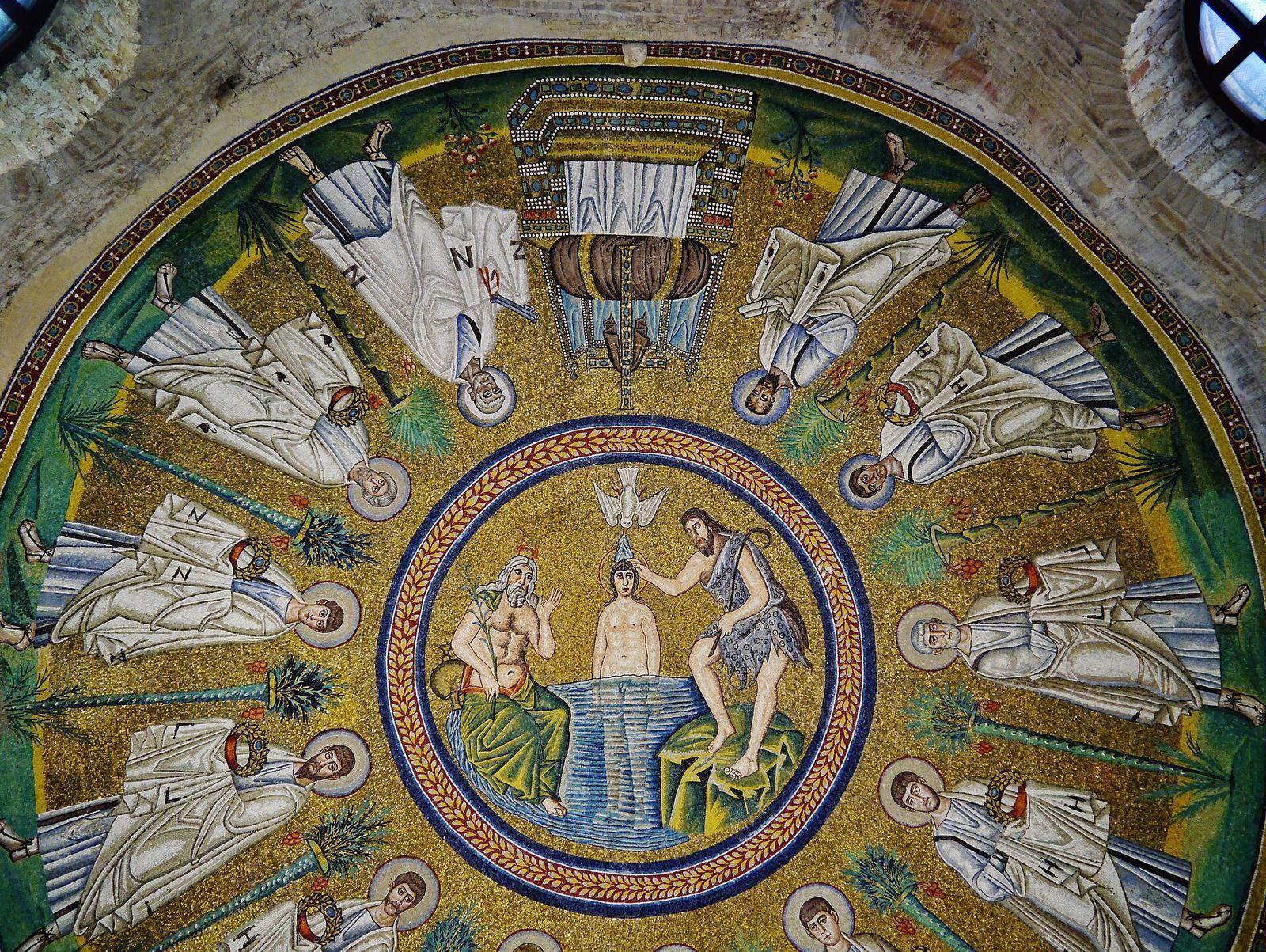 The 6th-century dome mosaic of the Arian Baptistery in Ravenna, showing the baptism of Christ