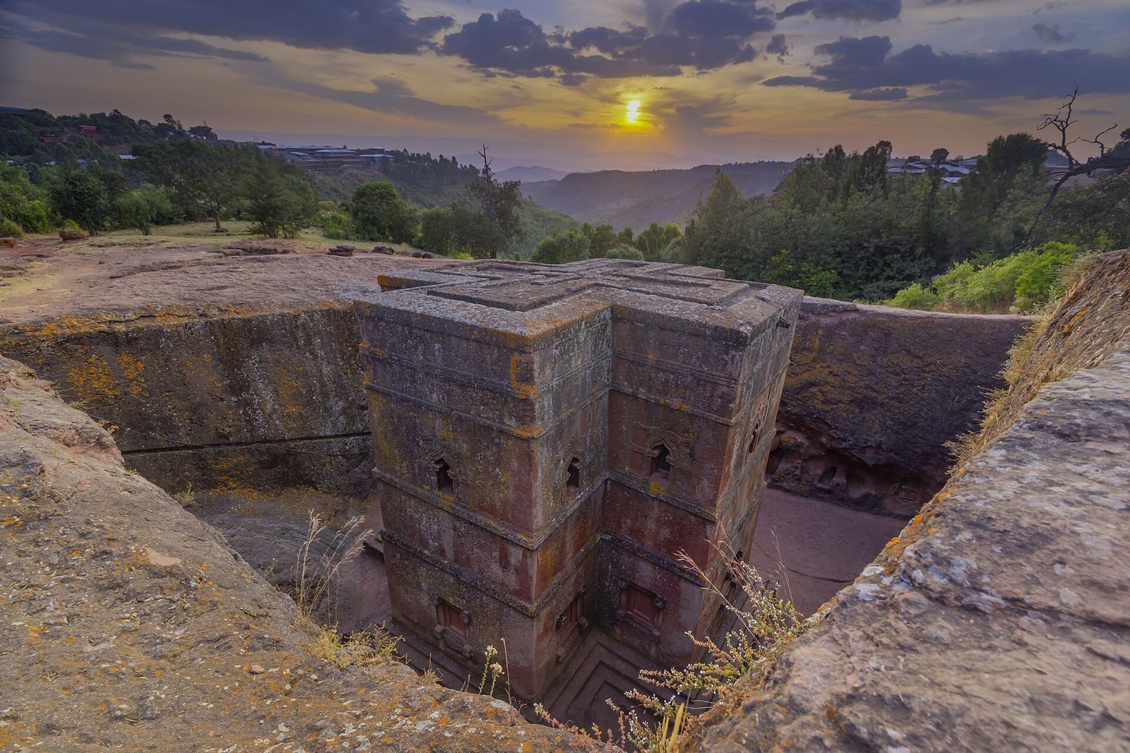 The rock-hewn Church of Saint George at Lalibela, Ethiopia, at sunset