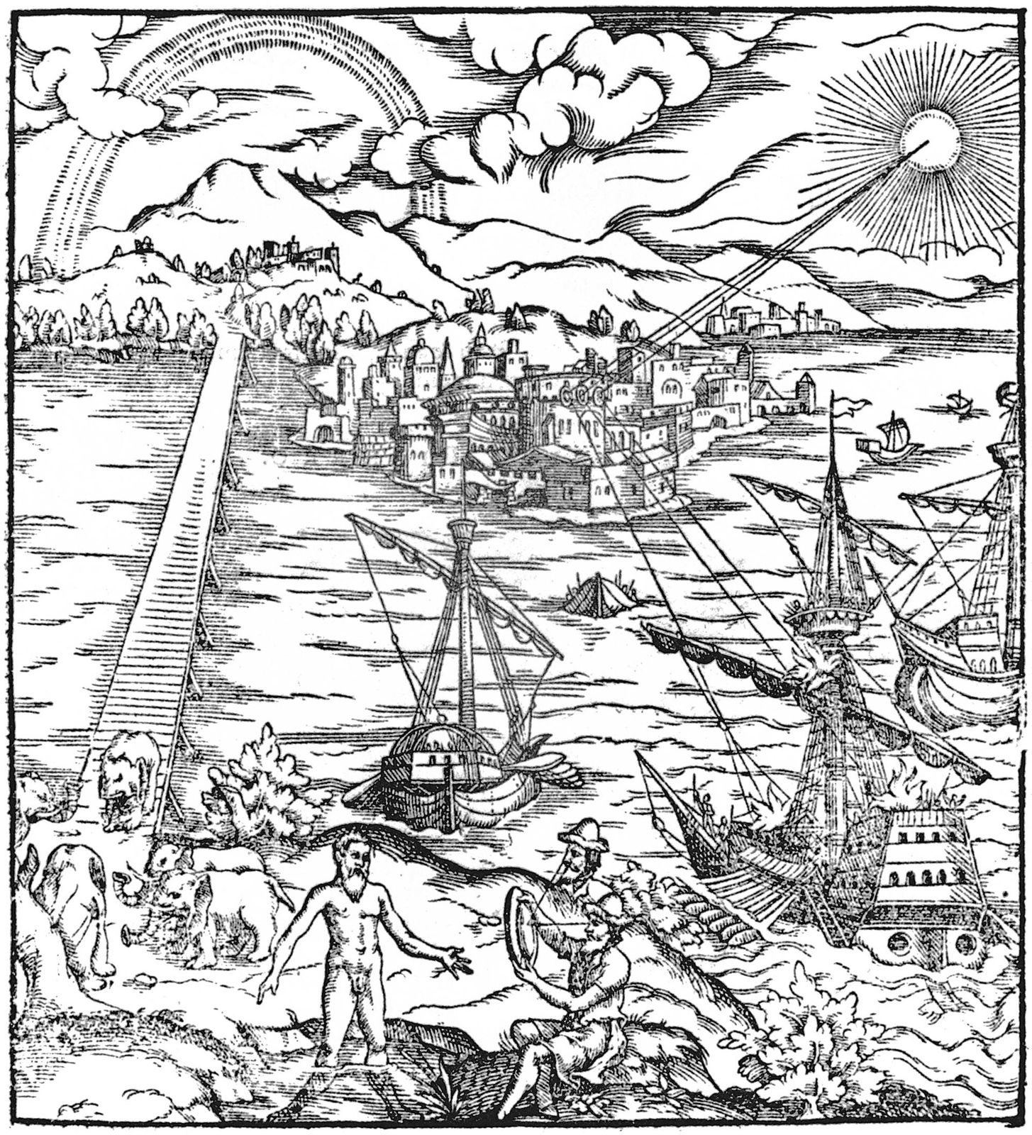 Gravure du frontispice de l'édition latine de 1572 du Traité d'optique d'Ibn al-Haytham, illustrant ses expériences sur la lumière