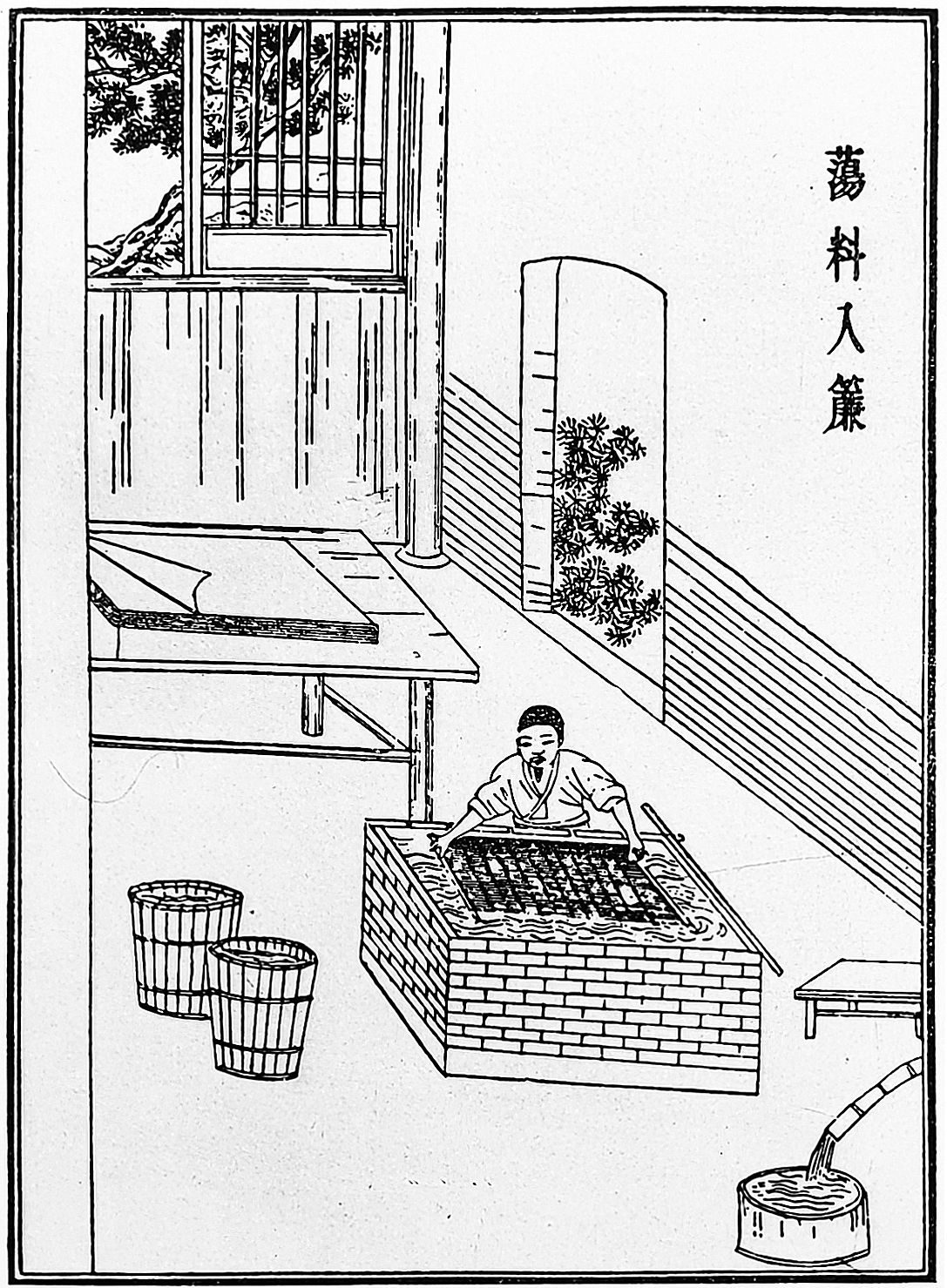 A Ming woodcut showing paper pulp being cast into sheets, as described by Cai Lun in 105 CE