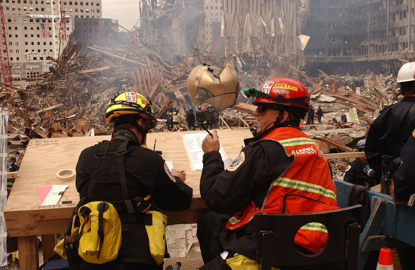 FEMA search-and-rescue teams amid the wreckage of the World Trade Center, September 2001