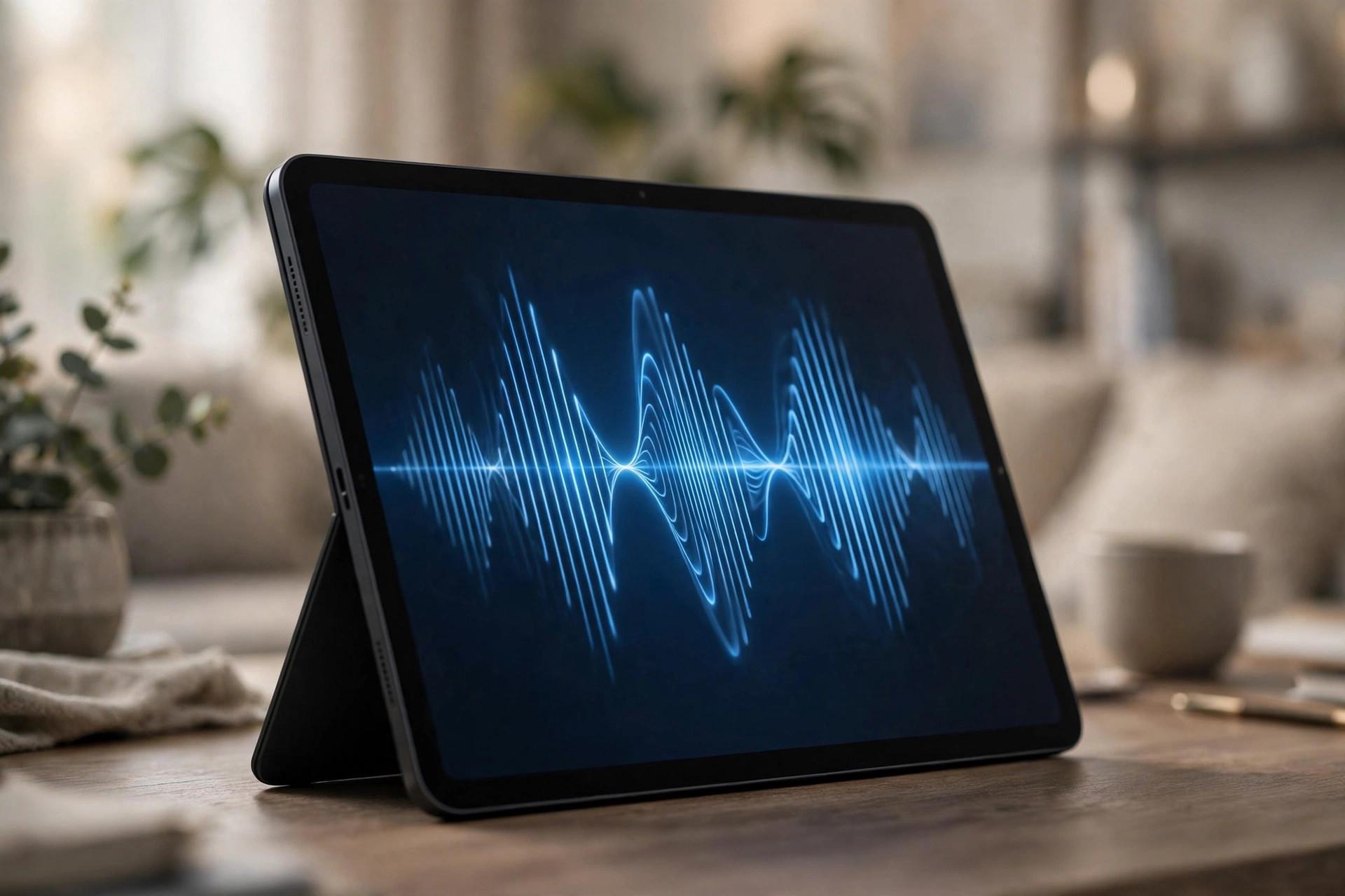 Une tablette haut de gamme posée sur un bureau, affichant une interface d'assistant vocal aux ondes bleues
