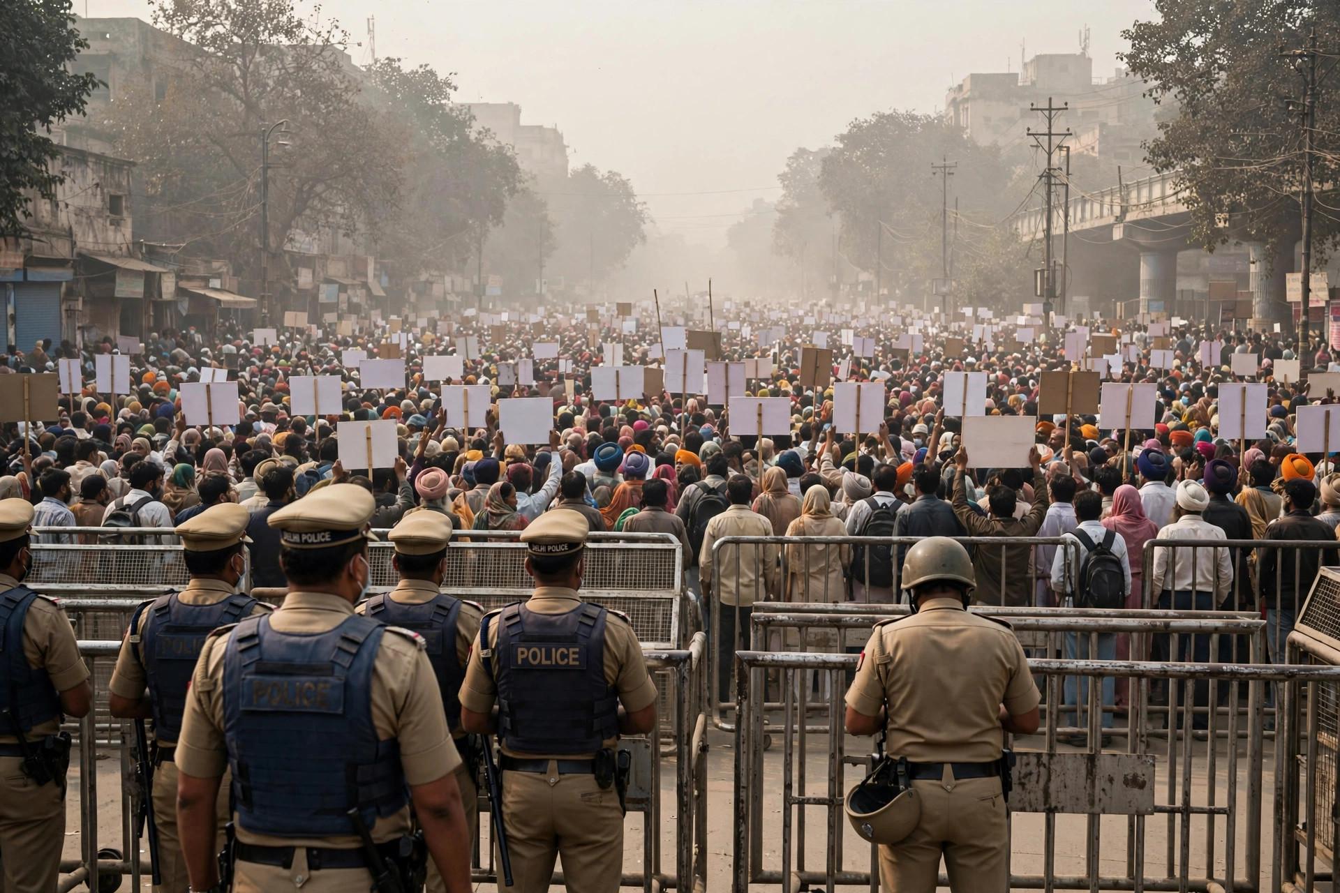 Des milliers de manifestants brandissant des pancartes font face aux barrières de police sur une avenue brumeuse de New Delhi lors de la manifestation du CJP d'octobre 2026