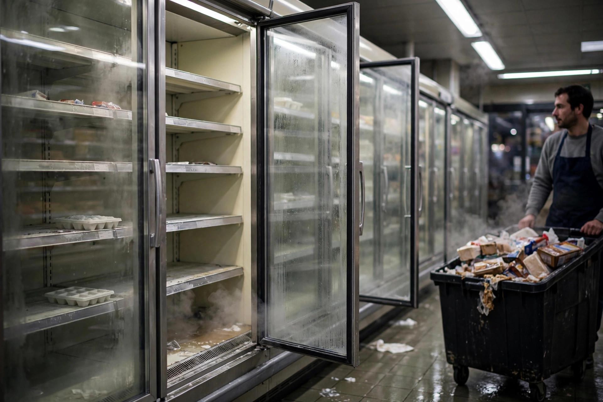Meubles frigorifiques ouverts et vidés de leurs produits décongelés dans un supermarché français, un employé évacuant un bac de stock jeté