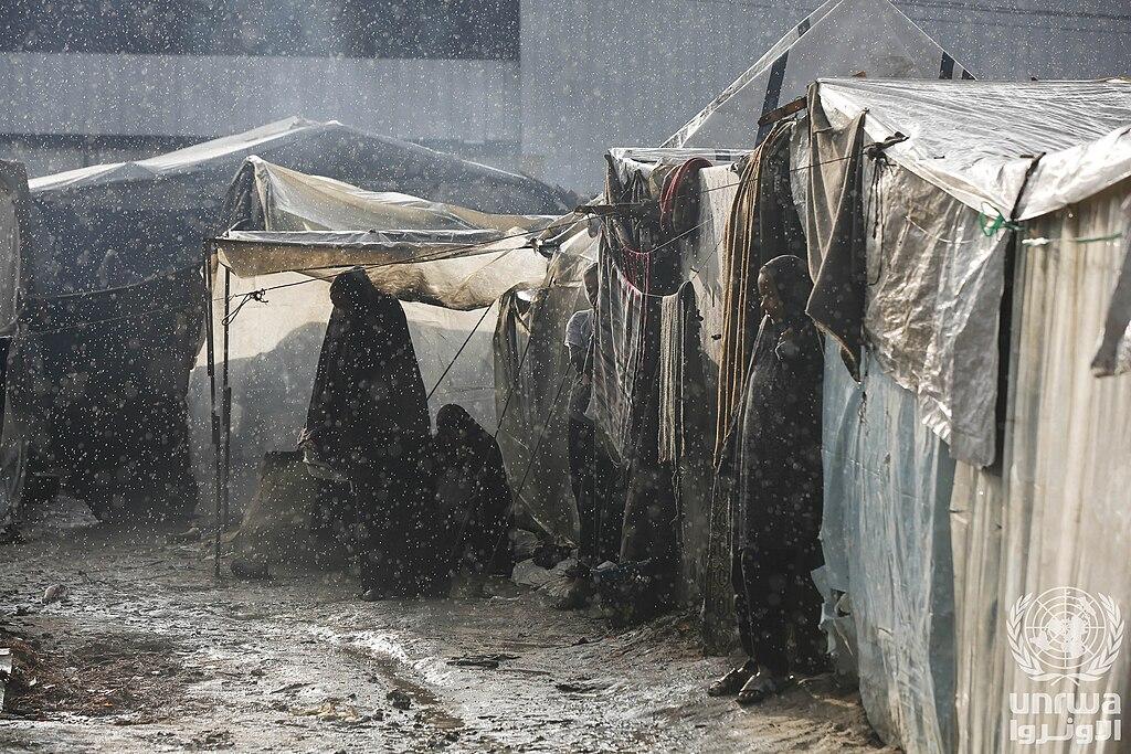 Tentes inondées de Palestiniens déplacés à Deir el-Balah, dans la bande de Gaza, sous de fortes pluies