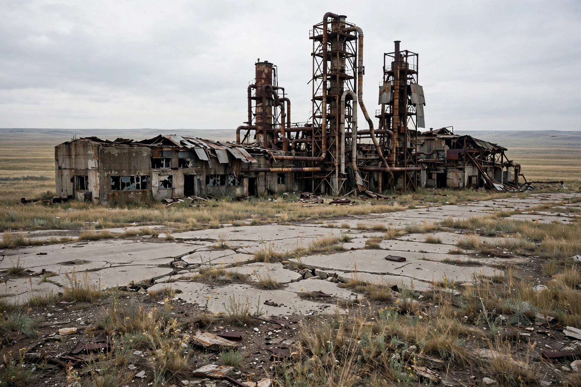 Bâtiments désaffectés de production d’armes biologiques de l’ère soviétique à Stepnogorsk, au Kazakhstan, partiellement démantelés dans la steppe