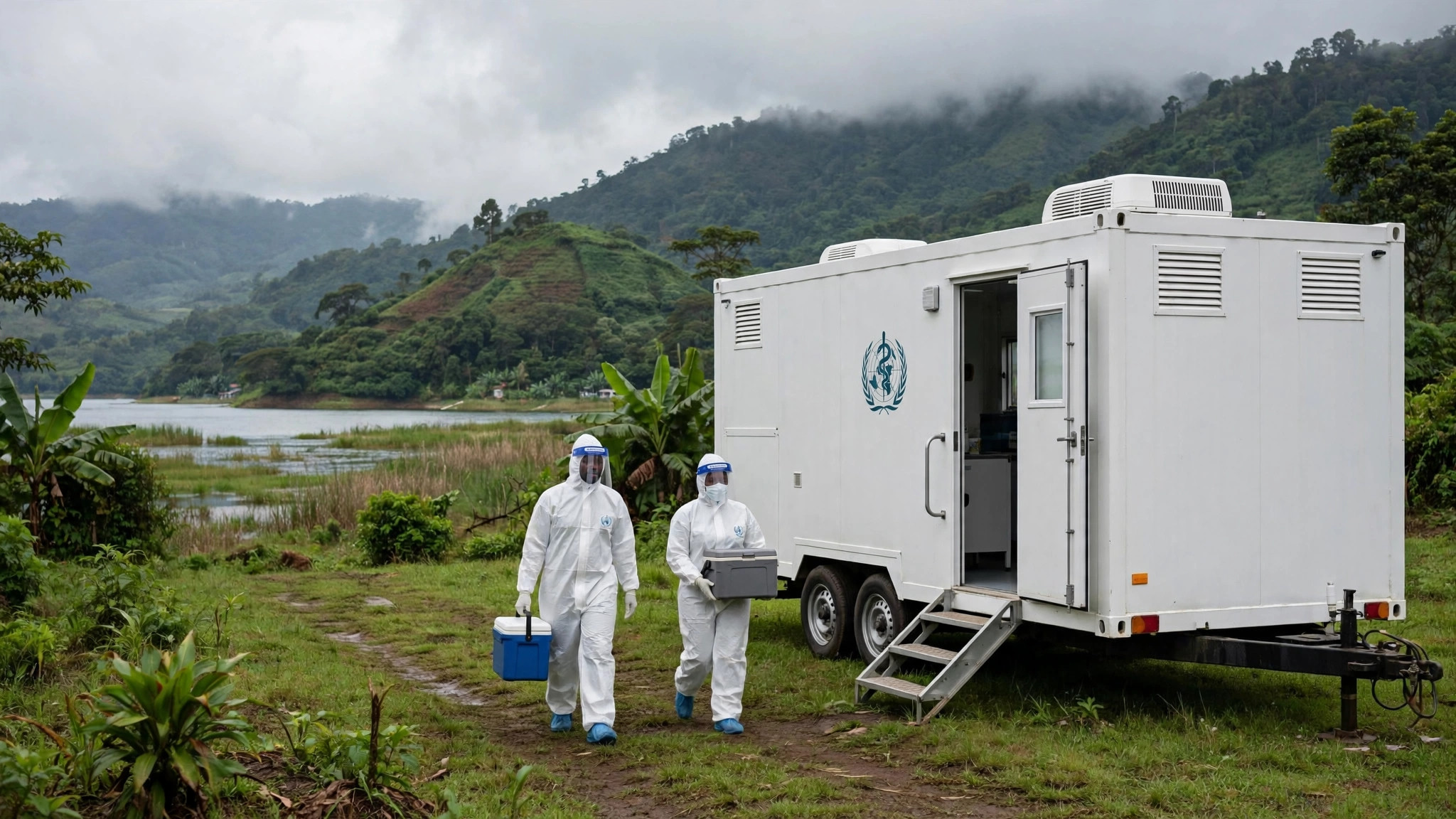 A mobile high-biosafety container laboratory in a field setting in eastern DRC, with health workers in protective suits approaching