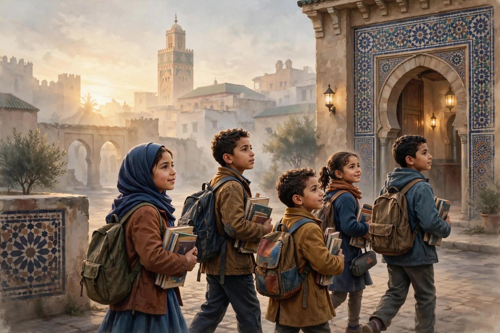 Editorial illustration of Moroccan schoolchildren with backpacks and books walking toward school at dawn in Rabat