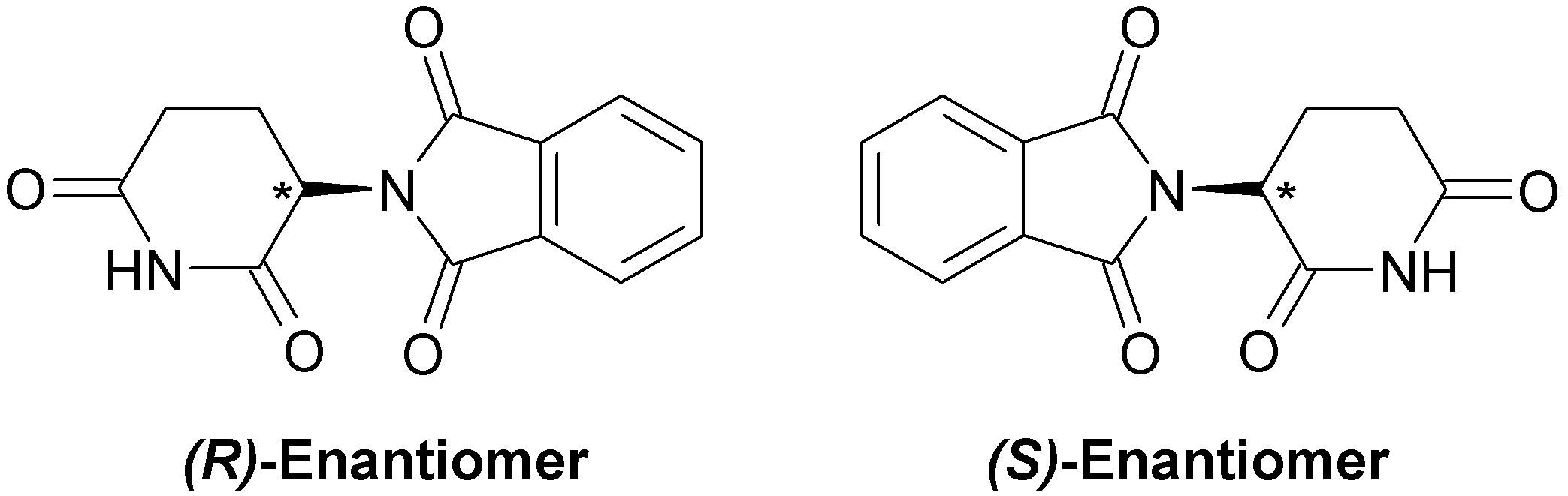 Chemical structures of the two mirror-image enantiomers of thalidomide, (R) and (S) forms