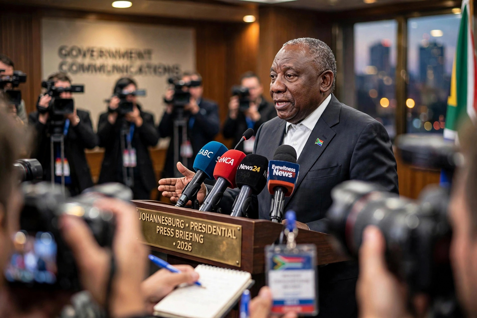 Le président Cyril Ramaphosa s'exprimant lors d'une conférence de presse à Johannesburg, micros et journalistes au premier plan.
