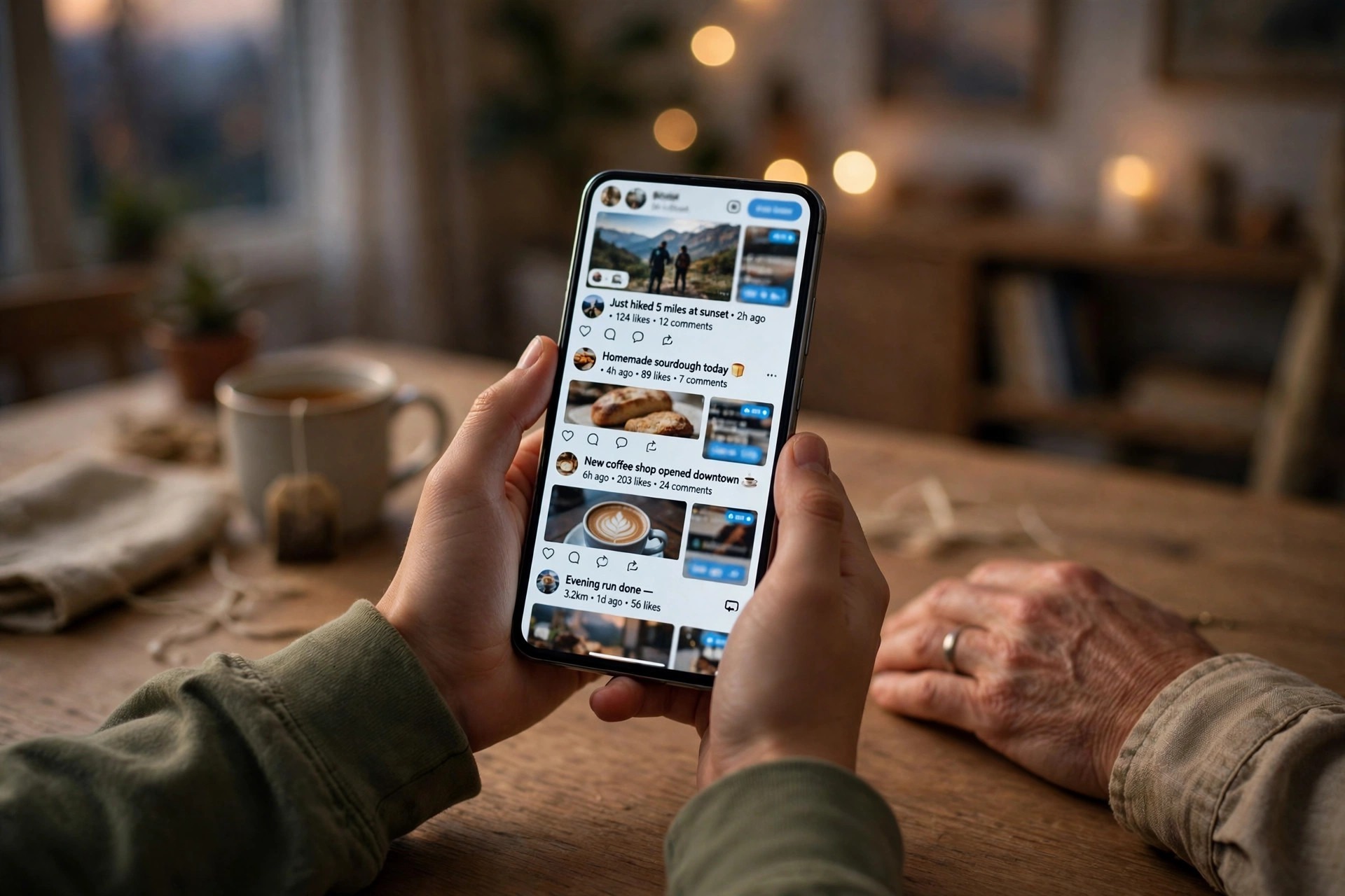 Les mains d'un jeune tenant un smartphone affichant un flux de réseaux sociaux sans fin, la main d'une personne âgée posée à proximité sur la table, dans un intérieur chaleureux