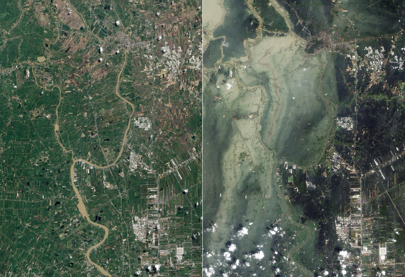 Vues satellite de la province d'Ayutthaya avant et pendant les inondations de 2011 (image d'archive, NASA Earth Observatory) — les mêmes plaines basses à nouveau inondées pour protéger Bangkok