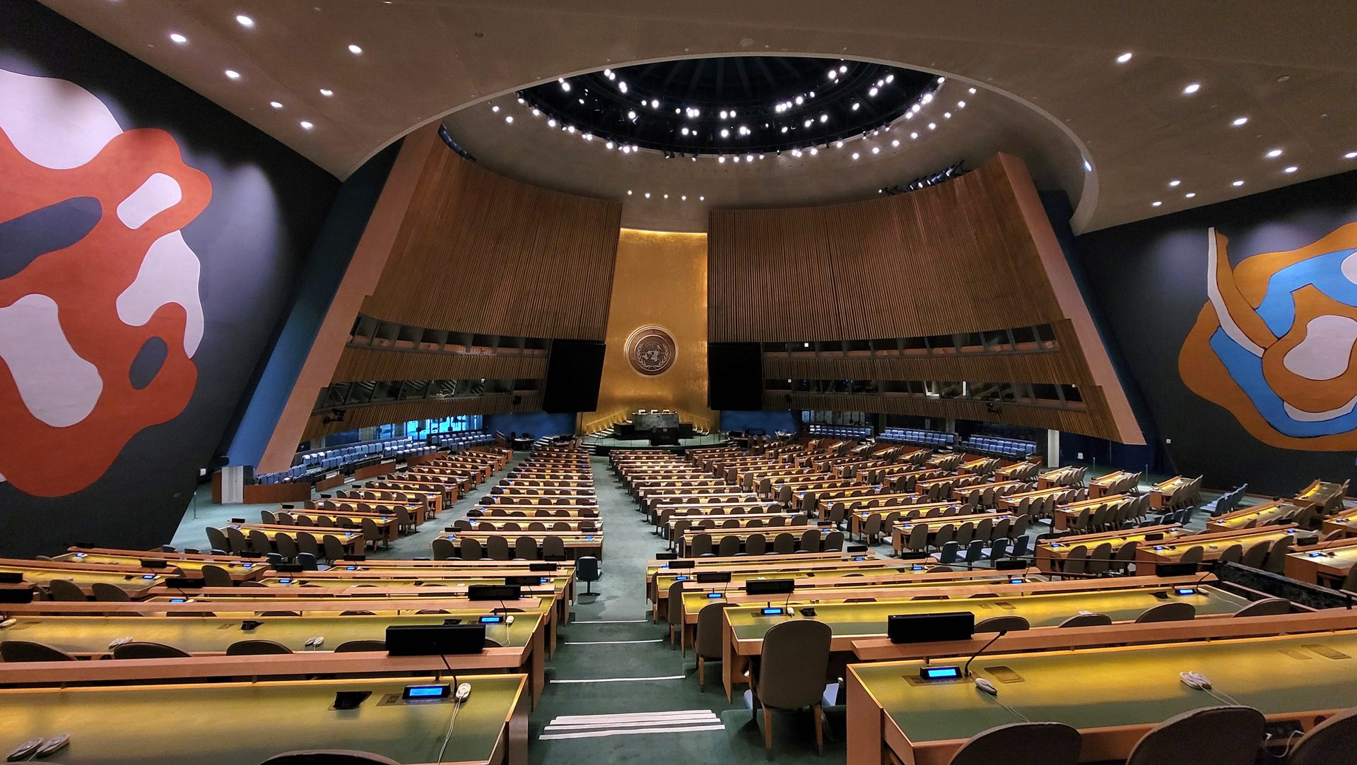 The General Assembly hall at United Nations headquarters in New York, February 2024